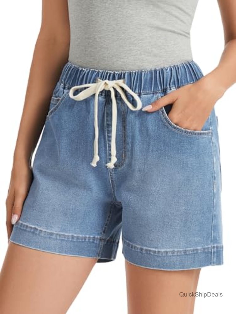 High Waisted Casual Denim Jean Shorts For Women, Baggy Loose Pull On Elastic